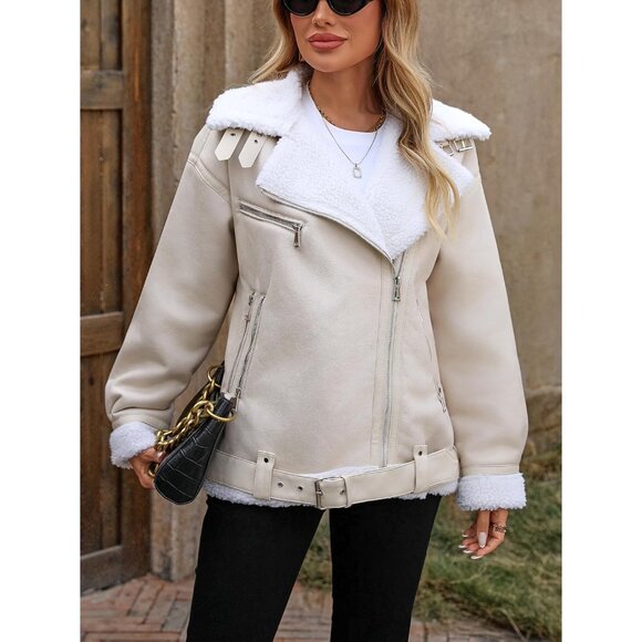Women beige LY VAREY LIN Faux Leather Sherpa Aviator Bomber Jacket - Picture 3 of 7